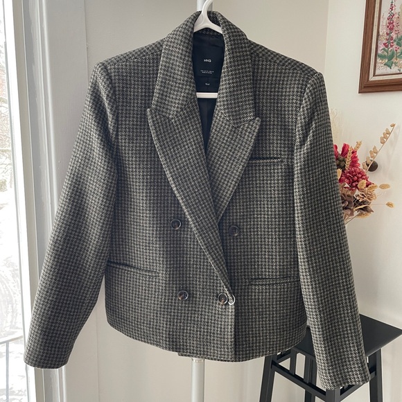 NWT Mango Olive Green Houndstooth Wool Cropped Blazer - Picture 3 of 5